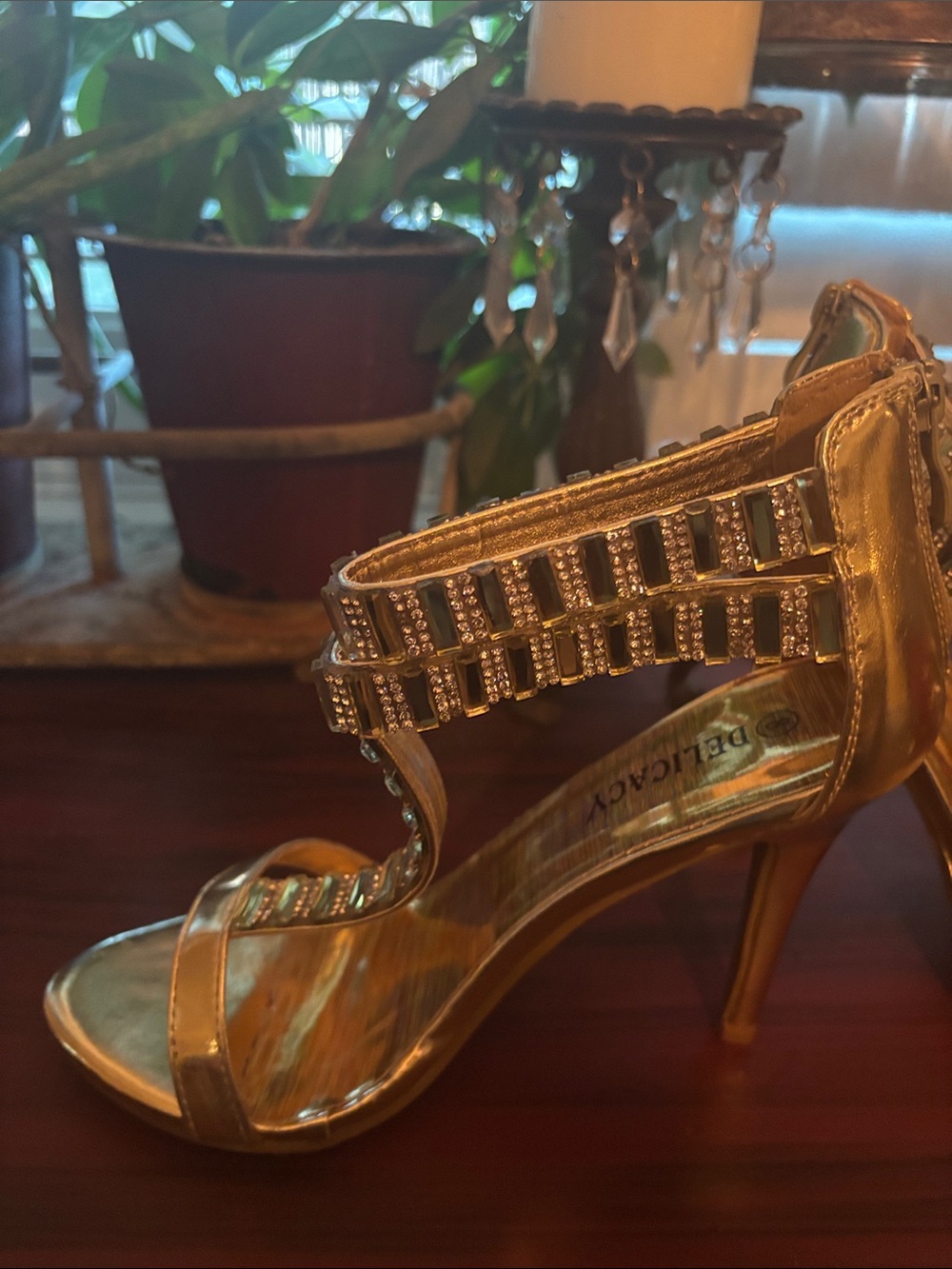 Delicacy Metallic Gold Crystal-Strap High Heels - Picture 4 of 10